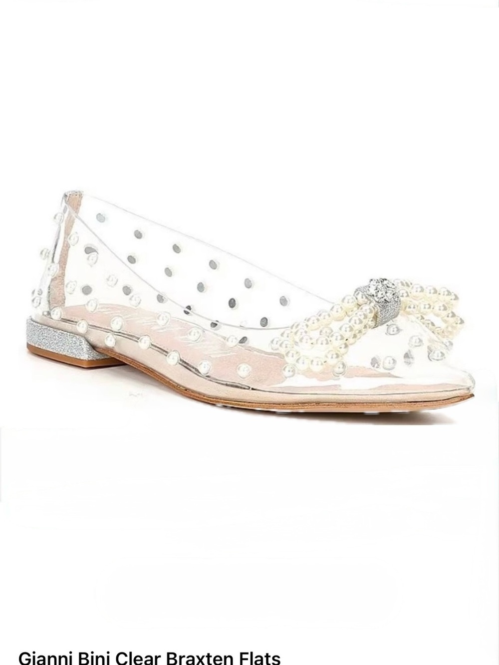 Gianni Bini Clear Pearl Bow Flats with Silver Glitter Heel